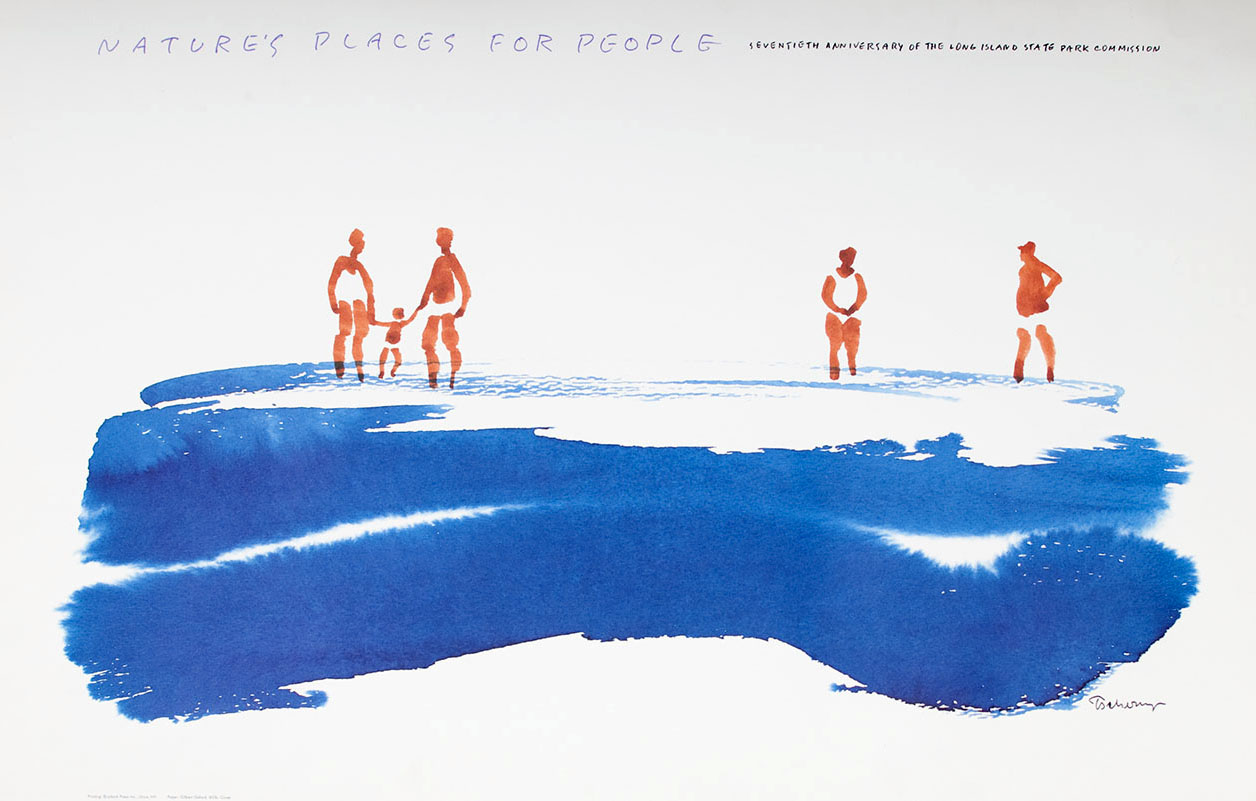 Poster with white background and blue watercolor water and brown gestural figures wading in the water.